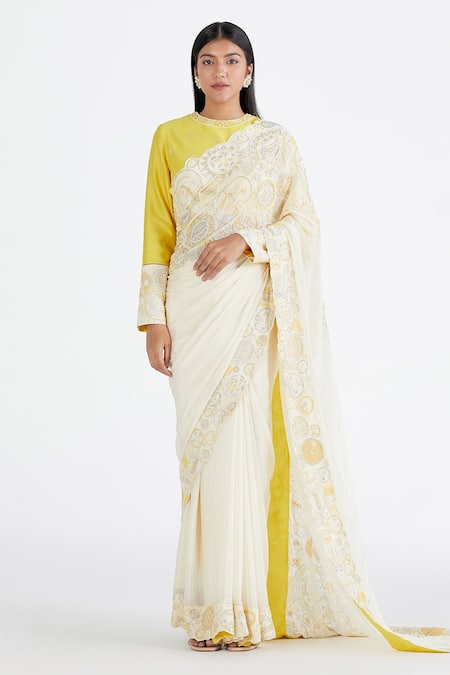 Megha Bansal Yellow Chanderi, Chiffon Reshami Vrit Handcrafted Saree With Blouse Online at Aza Fashions Megha Bansal_Yellow Chanderi, Chiffon Reshami Vrit Handcrafted Saree With Blouse_Online_at_Aza_Fashions