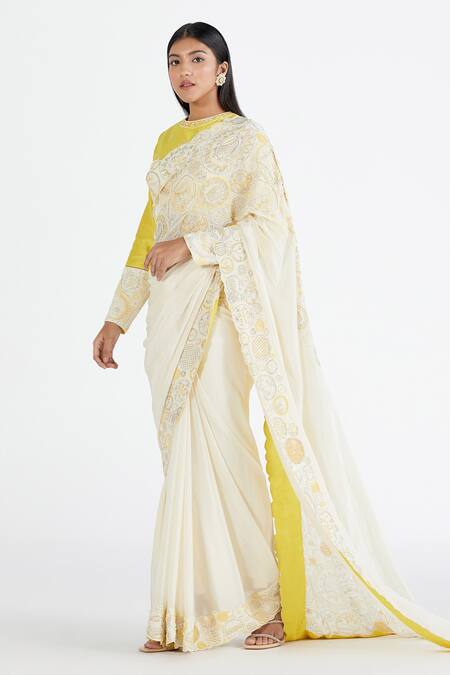 Buy Megha Bansal Yellow Chanderi, Chiffon Reshami Vrit Handcrafted Saree With Blouse Online at Aza Fashions Buy_Megha Bansal_Yellow Chanderi, Chiffon Reshami Vrit Handcrafted Saree With Blouse_Online_at_Aza_Fashions