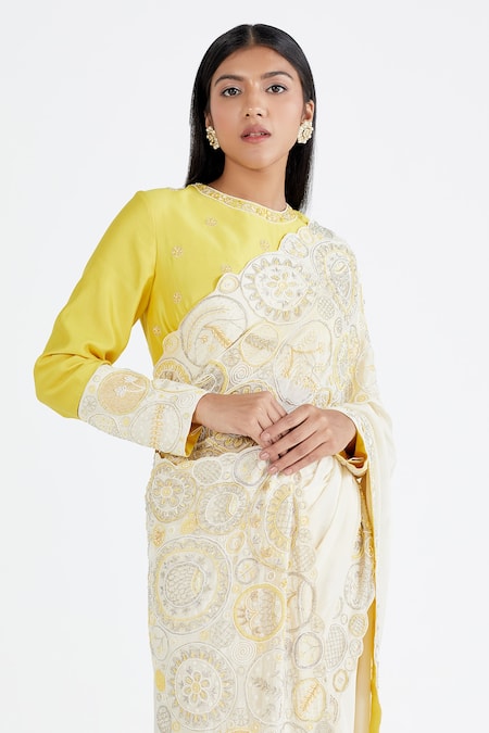 Shop Megha Bansal Yellow Chanderi, Chiffon Reshami Vrit Handcrafted Saree With Blouse Online at Aza Fashions Shop_Megha Bansal_Yellow Chanderi, Chiffon Reshami Vrit Handcrafted Saree With Blouse_Online_at_Aza_Fashions