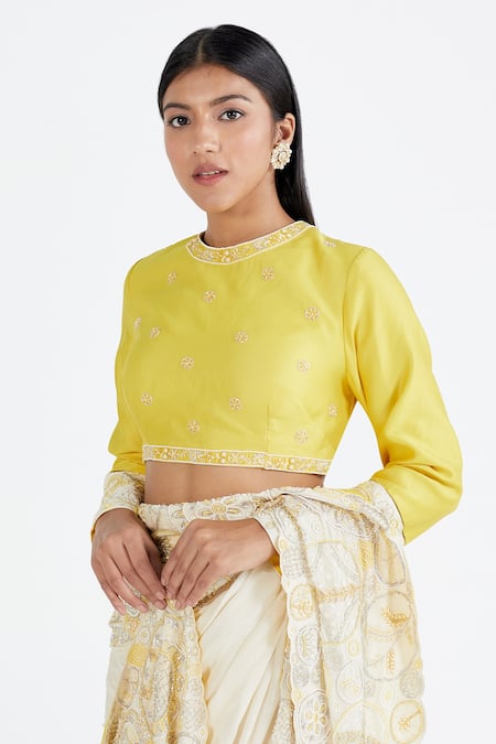 Megha Bansal Yellow Chanderi, Chiffon Reshami Vrit Handcrafted Saree With Blouse at Aza Fashions Megha Bansal_Yellow Chanderi, Chiffon Reshami Vrit Handcrafted Saree With Blouse_at_Aza_Fashions