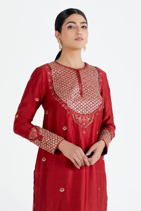 Megha Bansal_Red Cotton , Organza Round Chanderi Kurta Set_Online_at_Aza_Fashions