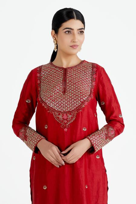 Buy_Megha Bansal_Red Cotton , Organza Round Chanderi Kurta Set_Online_at_Aza_Fashions