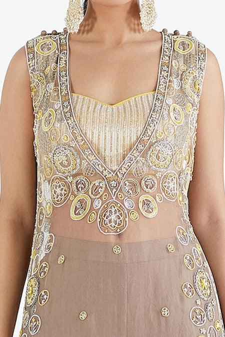 Shop_Megha Bansal_Grey Organza, Chanderi Sairaa Noor Vrit Embroidered Kurta Set _Online_at_Aza_Fashions