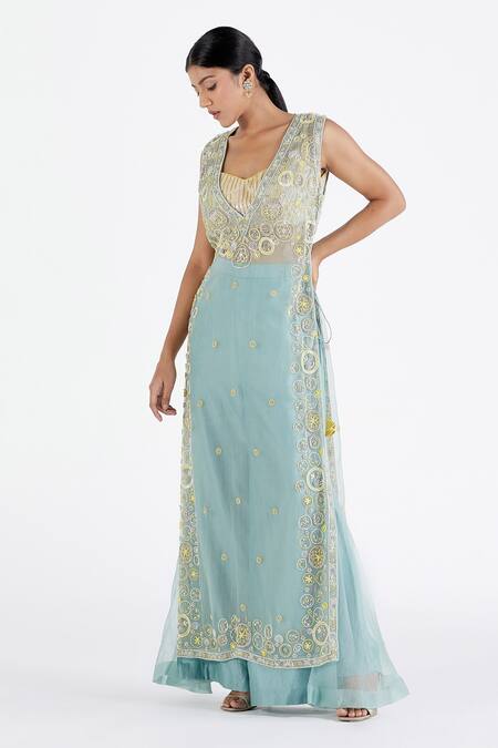 Buy_Megha Bansal_Blue Organza, Chanderi Sairaa Noor Vrit Embroidered Kurta Set_Online_at_Aza_Fashions