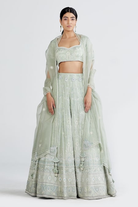 Megha Bansal Green Silk Chiffon Chikankari, Nida Pista Hand Embroidered Bridal Lehenga Set Online at Aza Fashions Megha Bansal_Green Silk Chiffon Chikankari, Nida Pista Hand Embroidered Bridal Lehenga Set _Online_at_Aza_Fashions