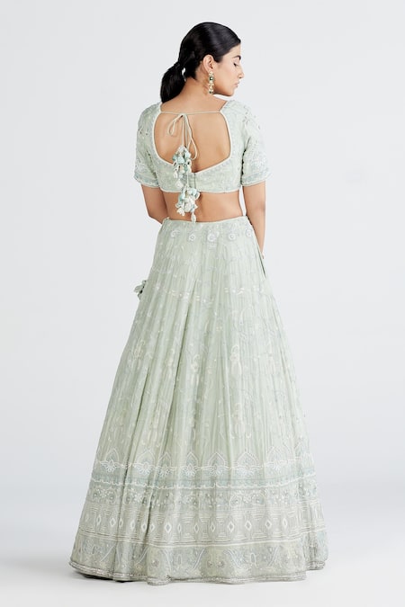 Shop Megha Bansal Green Silk Chiffon Chikankari, Nida Pista Hand Embroidered Bridal Lehenga Set at Aza Fashions Shop_Megha Bansal_Green Silk Chiffon Chikankari, Nida Pista Hand Embroidered Bridal Lehenga Set _at_Aza_Fashions