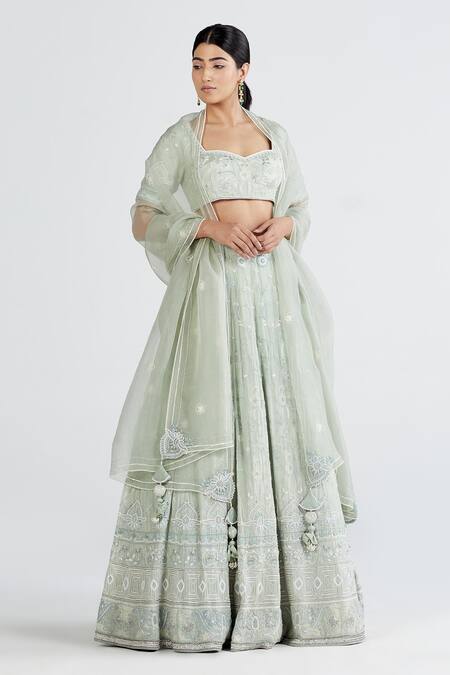 Buy Megha Bansal Green Silk Chiffon Chikankari, Nida Pista Hand Embroidered Bridal Lehenga Set Online at Aza Fashions Buy_Megha Bansal_Green Silk Chiffon Chikankari, Nida Pista Hand Embroidered Bridal Lehenga Set _Online_at_Aza_Fashions