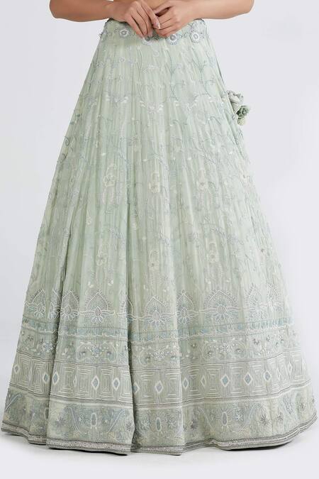 Megha Bansal Green Silk Chiffon Chikankari, Nida Pista Hand Embroidered Bridal Lehenga Set at Aza Fashions Megha Bansal_Green Silk Chiffon Chikankari, Nida Pista Hand Embroidered Bridal Lehenga Set _at_Aza_Fashions