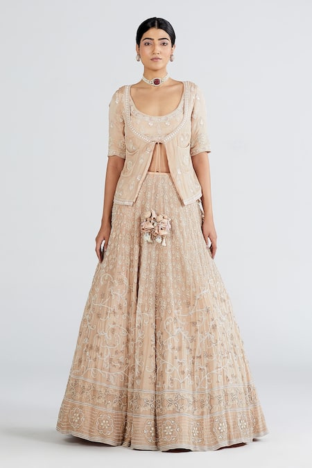 Shop Megha Bansal Peach Crepe, Organza, Chaandani Embroidered Jacket And Lehenga Set at Aza Fashions Shop_Megha Bansal_Peach Crepe, Organza, Chaandani Embroidered Jacket And Lehenga Set _at_Aza_Fashions