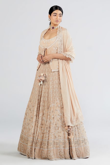Megha Bansal Peach Crepe, Organza, Chaandani Embroidered Jacket And Lehenga Set Online at Aza Fashions Megha Bansal_Peach Crepe, Organza, Chaandani Embroidered Jacket And Lehenga Set _Online_at_Aza_Fashions