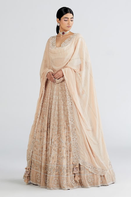 Buy Megha Bansal Peach Crepe, Organza, Chaandani Embroidered Jacket And Lehenga Set Online at Aza Fashions Buy_Megha Bansal_Peach Crepe, Organza, Chaandani Embroidered Jacket And Lehenga Set _Online_at_Aza_Fashions