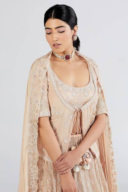 Shop Megha Bansal Peach Crepe, Organza, Chaandani Embroidered Jacket And Lehenga Set Online at Aza Fashions Shop_Megha Bansal_Peach Crepe, Organza, Chaandani Embroidered Jacket And Lehenga Set _Online_at_Aza_Fashions