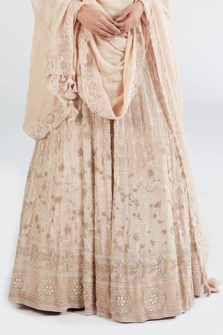 Megha Bansal Peach Crepe, Organza, Chaandani Embroidered Jacket And Lehenga Set at Aza Fashions Megha Bansal_Peach Crepe, Organza, Chaandani Embroidered Jacket And Lehenga Set _at_Aza_Fashions