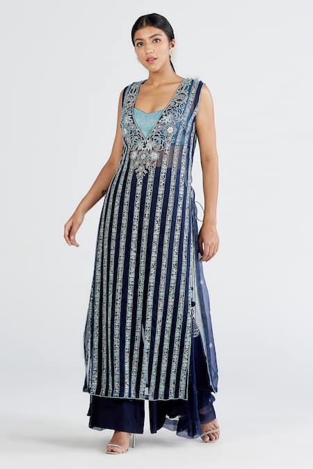 Megha Bansal_Blue Organza, Chanderi Floral, Stripes Tapan Vrit Embroidered Set_Online_at_Aza_Fashions