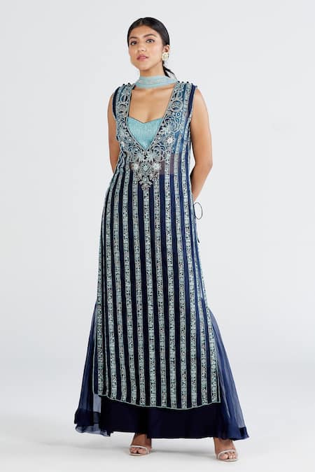 Buy_Megha Bansal_Blue Organza, Chanderi Floral, Stripes Tapan Vrit Embroidered Set_Online_at_Aza_Fashions