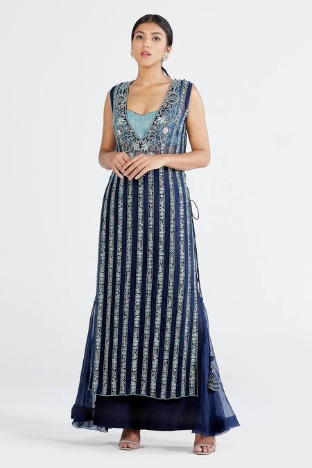 Shop_Megha Bansal_Blue Organza, Chanderi Floral, Stripes Tapan Vrit Embroidered Set_Online_at_Aza_Fashions