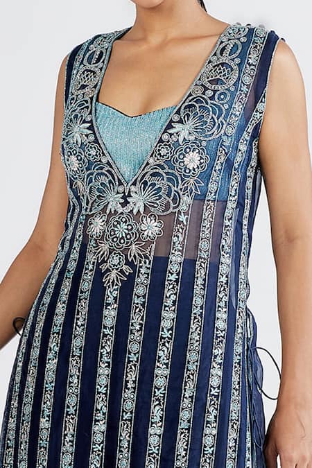 Megha Bansal_Blue Organza, Chanderi Floral, Stripes Tapan Vrit Embroidered Set_at_Aza_Fashions