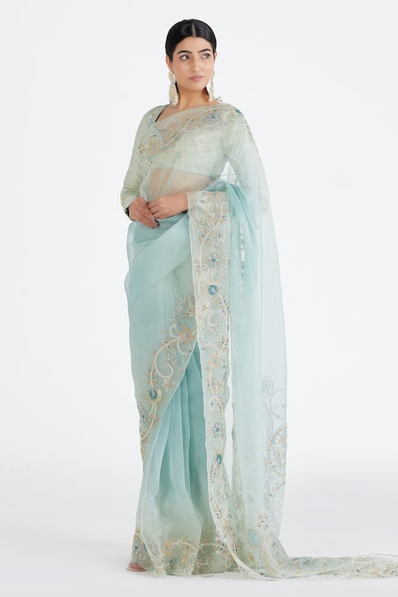 Megha Bansal_Blue Organza, Chanderi Floral Aadia Hand Embroidered Saree With Blouse_Online_at_Aza_Fashions