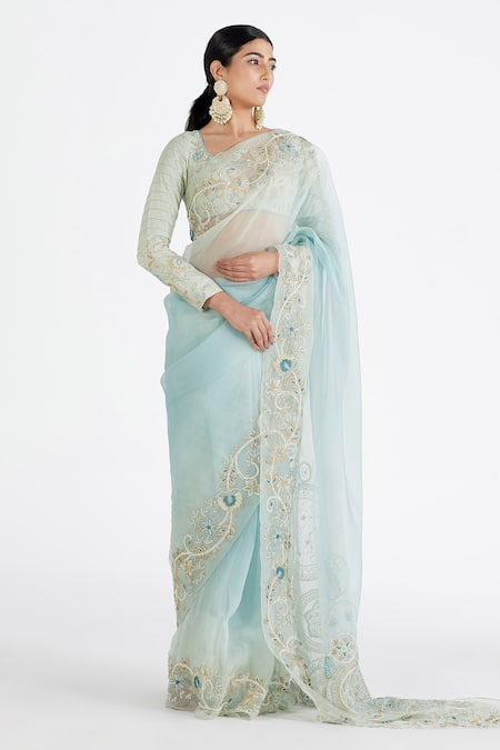 Buy_Megha Bansal_Blue Organza, Chanderi Floral Aadia Hand Embroidered Saree With Blouse_Online_at_Aza_Fashions