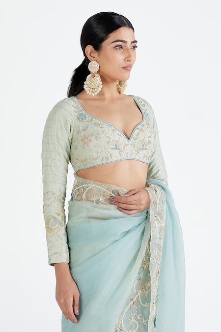 Shop_Megha Bansal_Blue Organza, Chanderi Floral Aadia Hand Embroidered Saree With Blouse_Online_at_Aza_Fashions