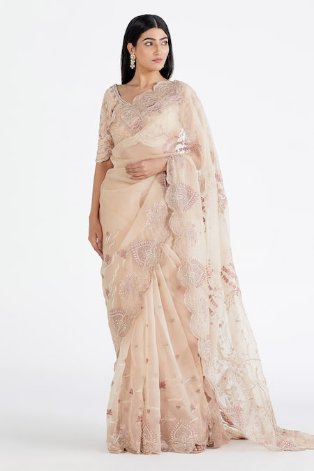 Megha Bansal Peach Silk Chanderi Embroidered Zari Manorama Mantra Saree With Blouse 