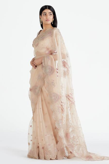 Buy_Megha Bansal_Peach Organza, Chanderi Resham Work, Manorama Mantra Saree With Blouse_Online_at_Aza_Fashions