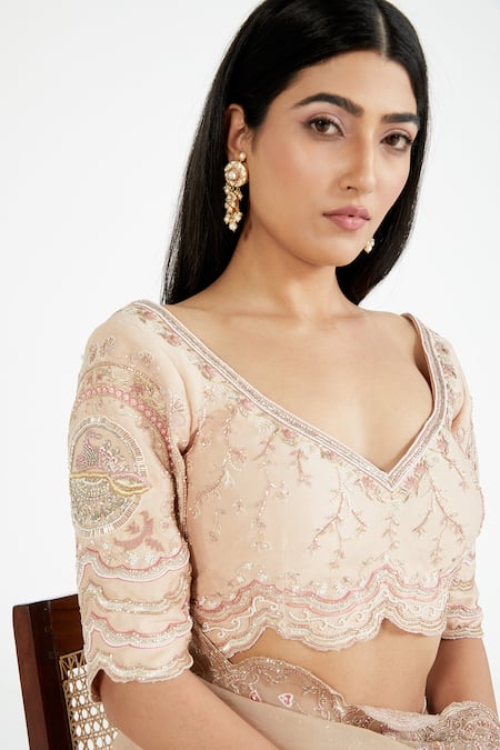 Shop_Megha Bansal_Peach Organza, Chanderi Resham Work, Manorama Mantra Saree With Blouse_Online_at_Aza_Fashions