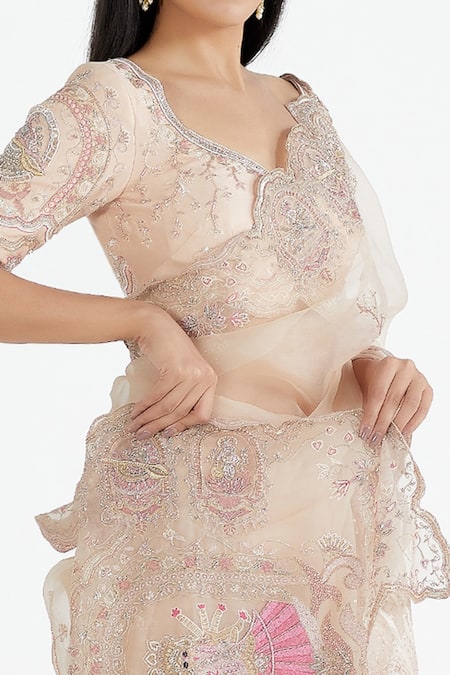 Megha Bansal_Peach Organza, Chanderi Resham Work, Manorama Mantra Saree With Blouse_at_Aza_Fashions