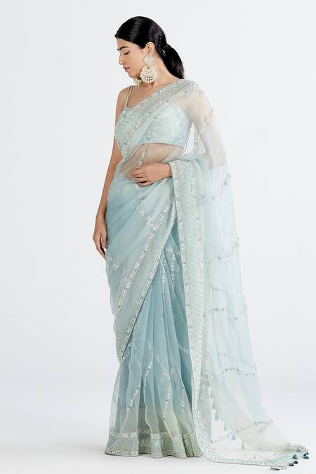 Megha Bansal_Blue Organza, Chanderi Runa Hand Embroidered Saree With Blouse_Online_at_Aza_Fashions