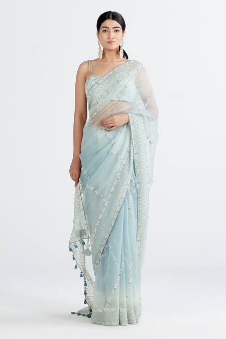 Buy_Megha Bansal_Blue Organza, Chanderi Runa Hand Embroidered Saree With Blouse_Online_at_Aza_Fashions
