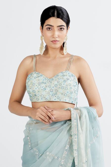 Shop_Megha Bansal_Blue Organza, Chanderi Runa Hand Embroidered Saree With Blouse_Online_at_Aza_Fashions
