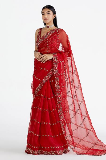 Megha Bansal_Red Organza, Chanderi Surkh Zeenat Embroidered Saree With Blouse_Online_at_Aza_Fashions
