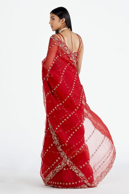Shop_Megha Bansal_Red Organza, Chanderi V Neck Saree With Blouse _at_Aza_Fashions