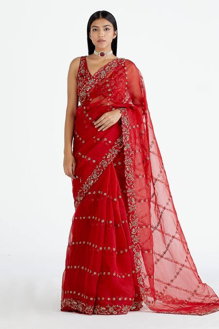 Megha Bansal_Red Organza, Chanderi V Neck Saree With Blouse _Online_at_Aza_Fashions
