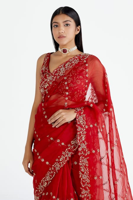 Buy_Megha Bansal_Red Organza, Chanderi V Neck Saree With Blouse _Online_at_Aza_Fashions