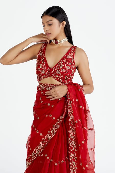 Shop_Megha Bansal_Red Organza, Chanderi V Neck Saree With Blouse _Online_at_Aza_Fashions