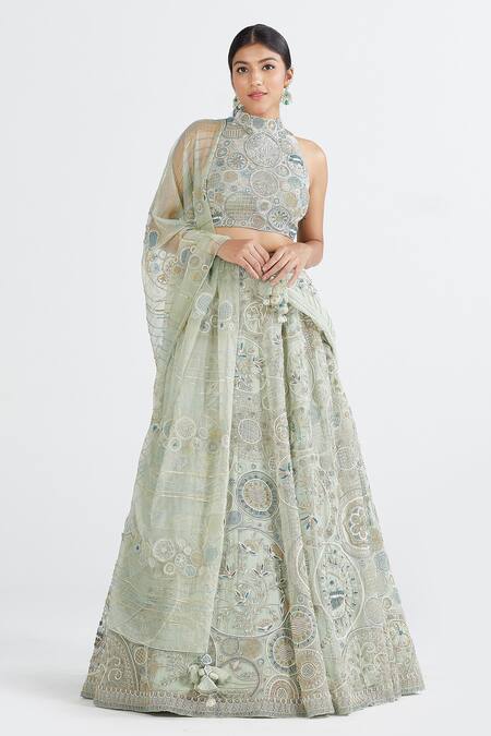 Megha Bansal Green Silk Organza Floral, Chandrika Hand Embroidered Bridal Lehenga Set Online at Aza Fashions Megha Bansal_Green Silk Organza Floral, Chandrika Hand Embroidered Bridal Lehenga Set _Online_at_Aza_Fashions