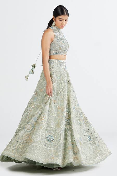 Shop Megha Bansal Green Silk Organza Floral, Chandrika Hand Embroidered Bridal Lehenga Set at Aza Fashions Shop_Megha Bansal_Green Silk Organza Floral, Chandrika Hand Embroidered Bridal Lehenga Set _at_Aza_Fashions