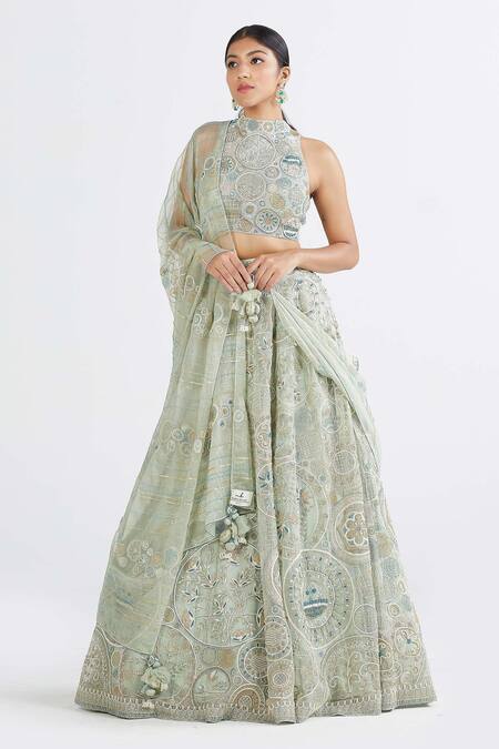 Buy Megha Bansal Green Silk Organza Floral, Chandrika Hand Embroidered Bridal Lehenga Set Online at Aza Fashions Buy_Megha Bansal_Green Silk Organza Floral, Chandrika Hand Embroidered Bridal Lehenga Set _Online_at_Aza_Fashions