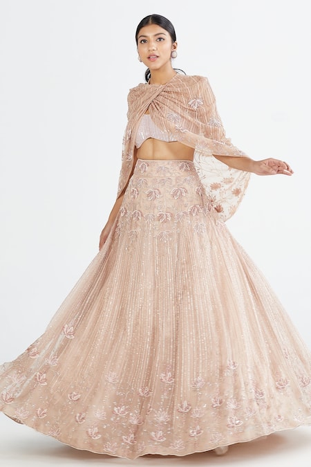 Megha Bansal_Pink Organza, Maharani Net, Hand Embroidered Cape And Lehenga Set _Online_at_Aza_Fashions