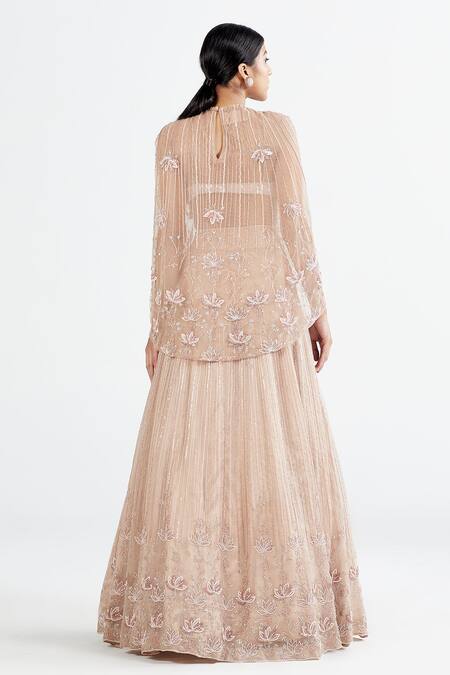 Shop_Megha Bansal_Pink Organza, Maharani Net, Hand Embroidered Cape And Lehenga Set _at_Aza_Fashions