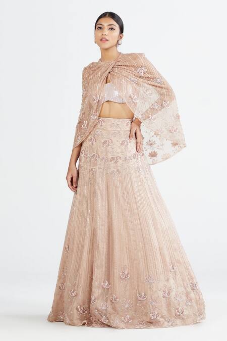 Buy_Megha Bansal_Pink Organza, Maharani Net, Hand Embroidered Cape And Lehenga Set _Online_at_Aza_Fashions
