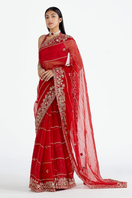 Megha Bansal Red Organza, Chanderi Halter Saree With Blouse Online at Aza Fashions Megha Bansal_Red Organza, Chanderi Halter Saree With Blouse_Online_at_Aza_Fashions