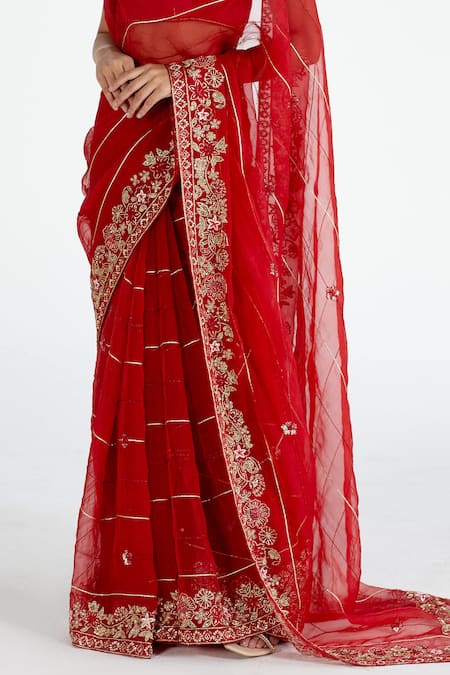Shop Megha Bansal Red Organza, Chanderi Halter Saree With Blouse Online at Aza Fashions Shop_Megha Bansal_Red Organza, Chanderi Halter Saree With Blouse_Online_at_Aza_Fashions