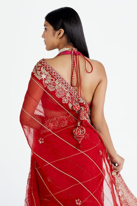Megha Bansal Red Organza, Chanderi Halter Saree With Blouse at Aza Fashions Megha Bansal_Red Organza, Chanderi Halter Saree With Blouse_at_Aza_Fashions