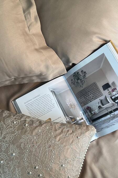 Shop_Sadyaska_Beige 100% Cotton Embroidered Paradise Pattern Bedsheet Set_at_Aza_Fashions