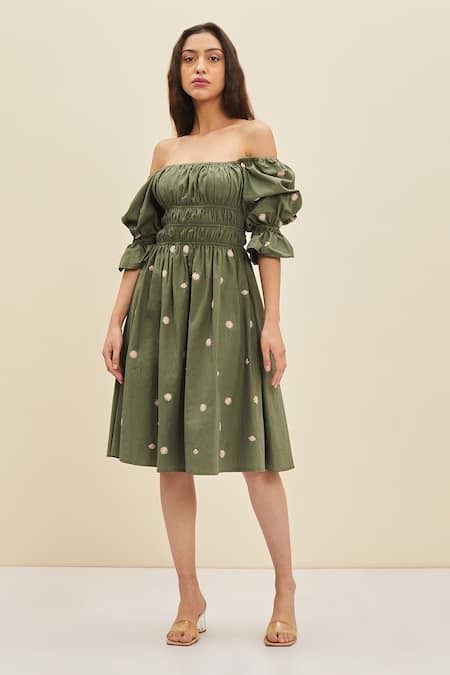 Buy Meadow Green Cotton Poplin Floral Straight Sage Off Shoulder Dress at Aza Fashions Buy_Meadow_Green Cotton Poplin Floral Straight Sage Off Shoulder Dress_at_Aza_Fashions