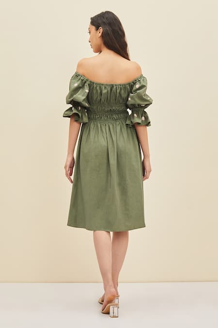 Shop Meadow Green Cotton Poplin Floral Straight Sage Off Shoulder Dress at Aza Fashions Shop_Meadow_Green Cotton Poplin Floral Straight Sage Off Shoulder Dress_at_Aza_Fashions