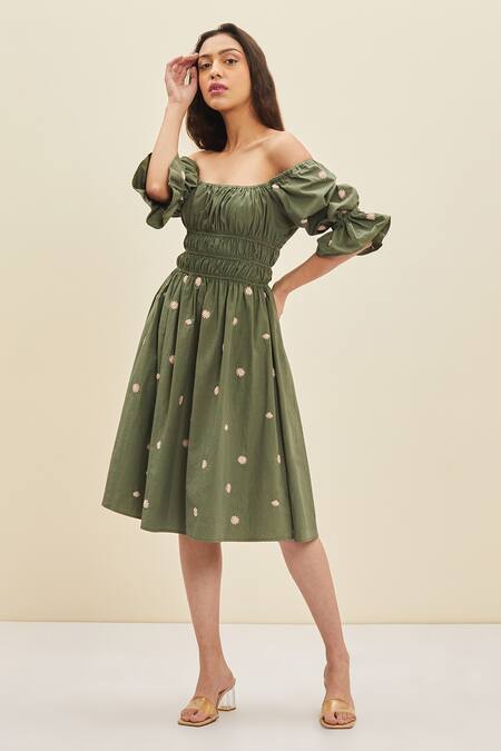 Meadow Green Cotton Poplin Floral Straight Sage Off Shoulder Dress Online at Aza Fashions Meadow_Green Cotton Poplin Floral Straight Sage Off Shoulder Dress_Online_at_Aza_Fashions