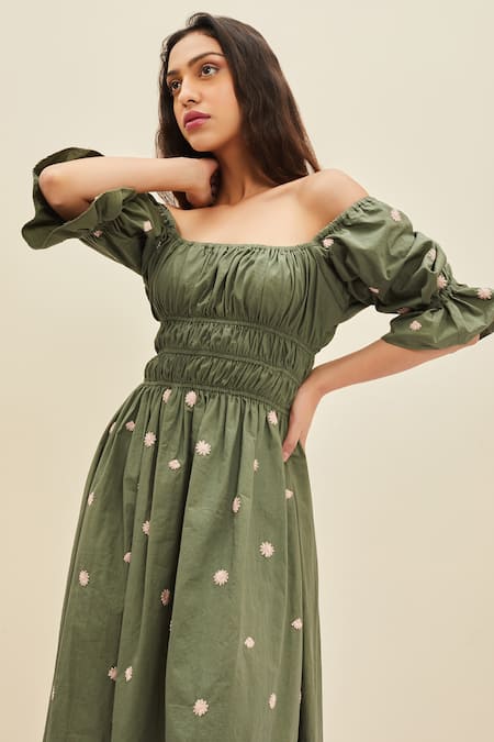 Buy Meadow Green Cotton Poplin Floral Straight Sage Off Shoulder Dress Online at Aza Fashions Buy_Meadow_Green Cotton Poplin Floral Straight Sage Off Shoulder Dress_Online_at_Aza_Fashions